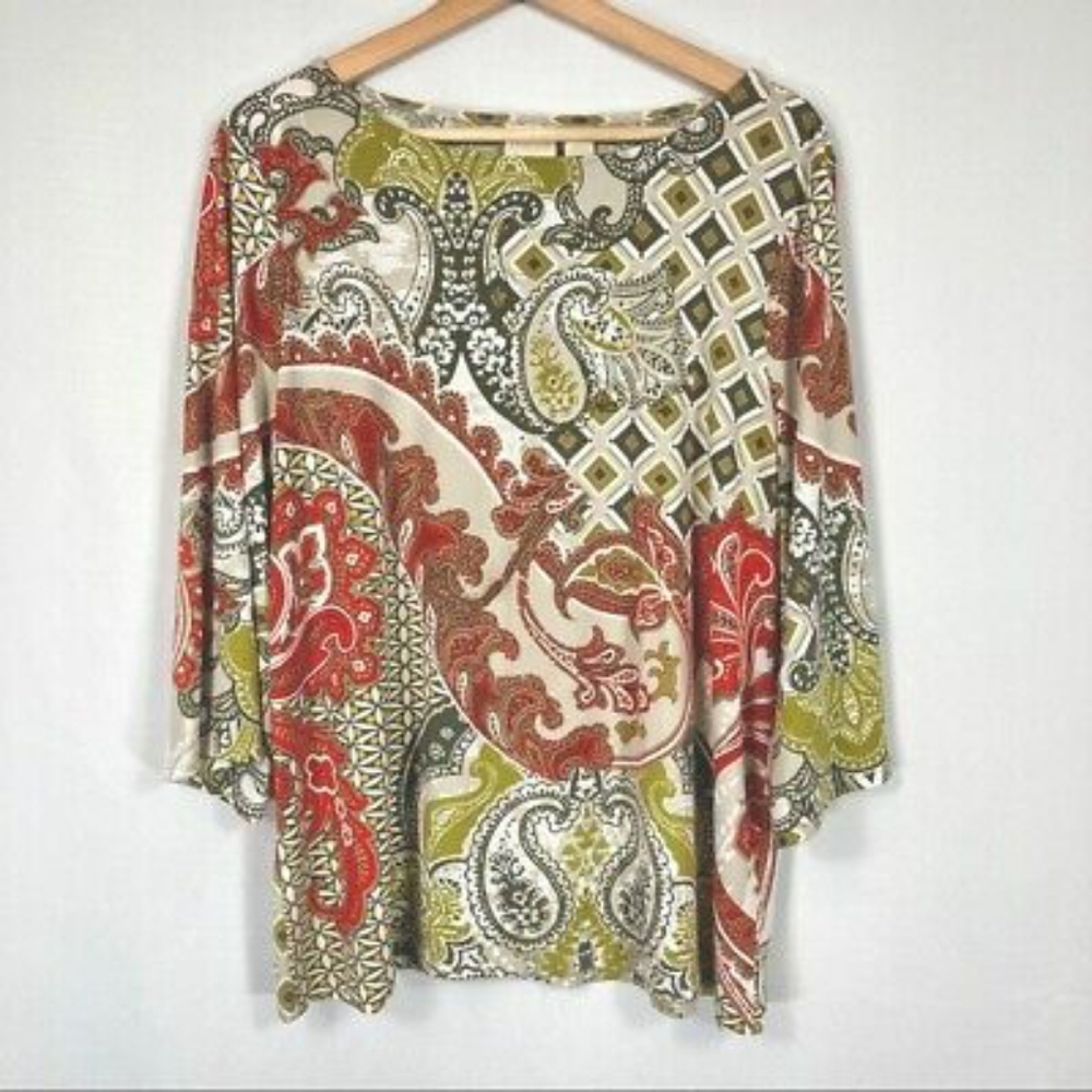 Chico’s Paisley 3/4 Bell Sleeve Blouse Size 2
